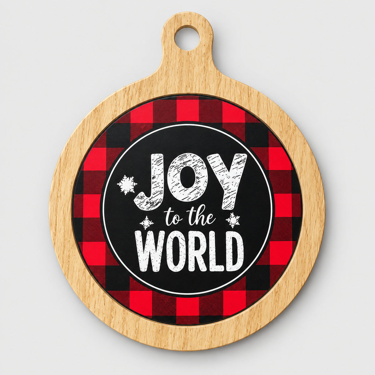 Red buffalo plaid Christmas coaster with a wood-look frame and Joy to the World