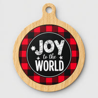 Red buffalo plaid Christmas coaster with a wood-look frame and Joy to the World
