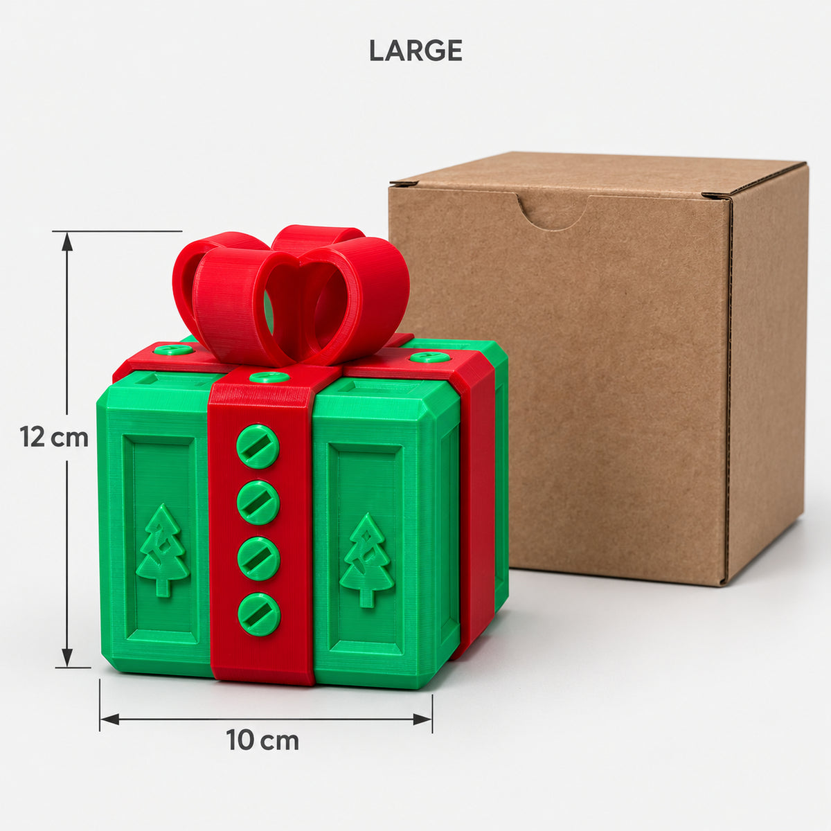 Large green & red prank gift box next to its kraft box