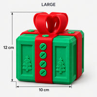 Large green & red prank gift box with screws and a bow, 10 x 12 cm