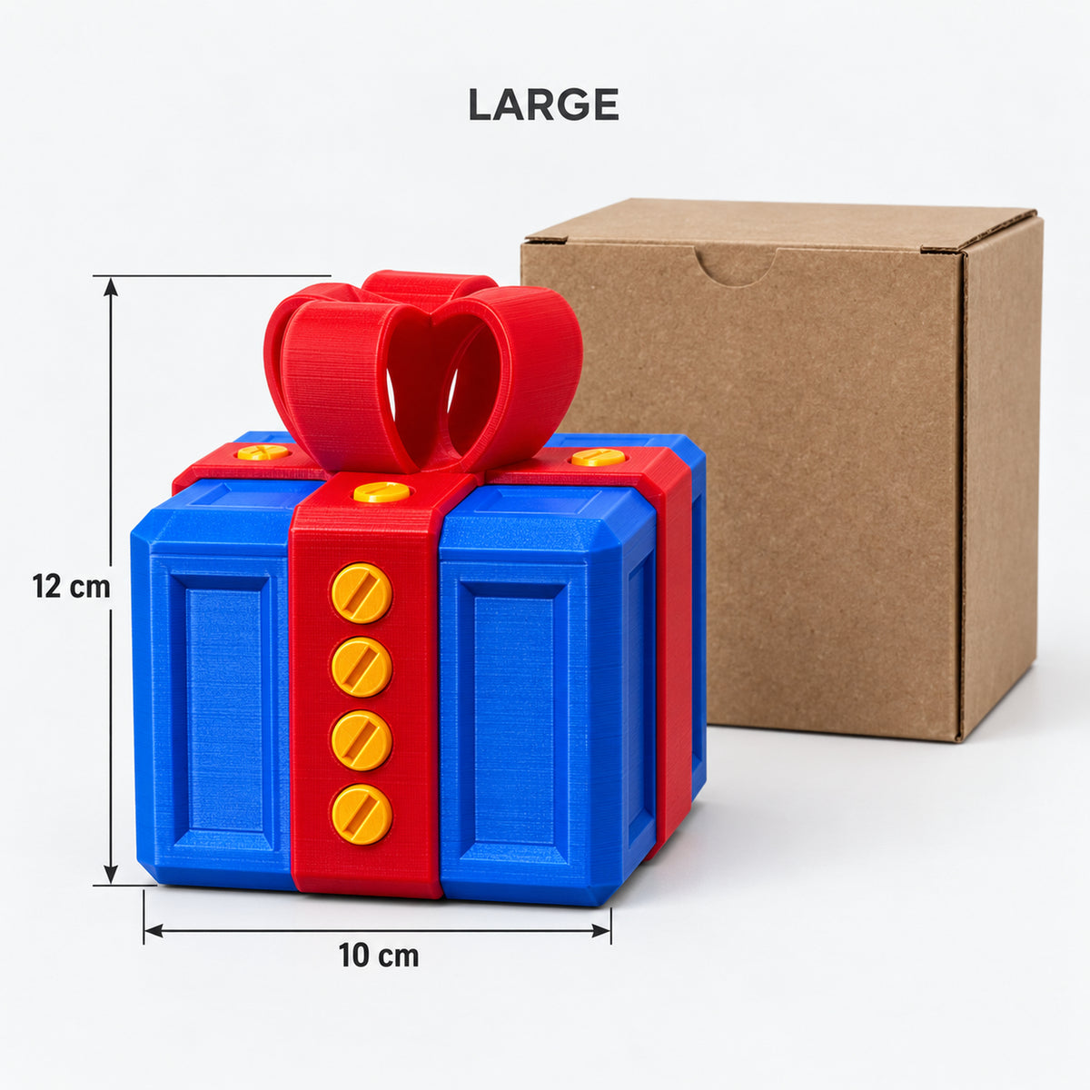 Large blue & red prank gift box next to its kraft box