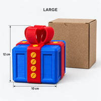 Large blue & red prank gift box next to its kraft box