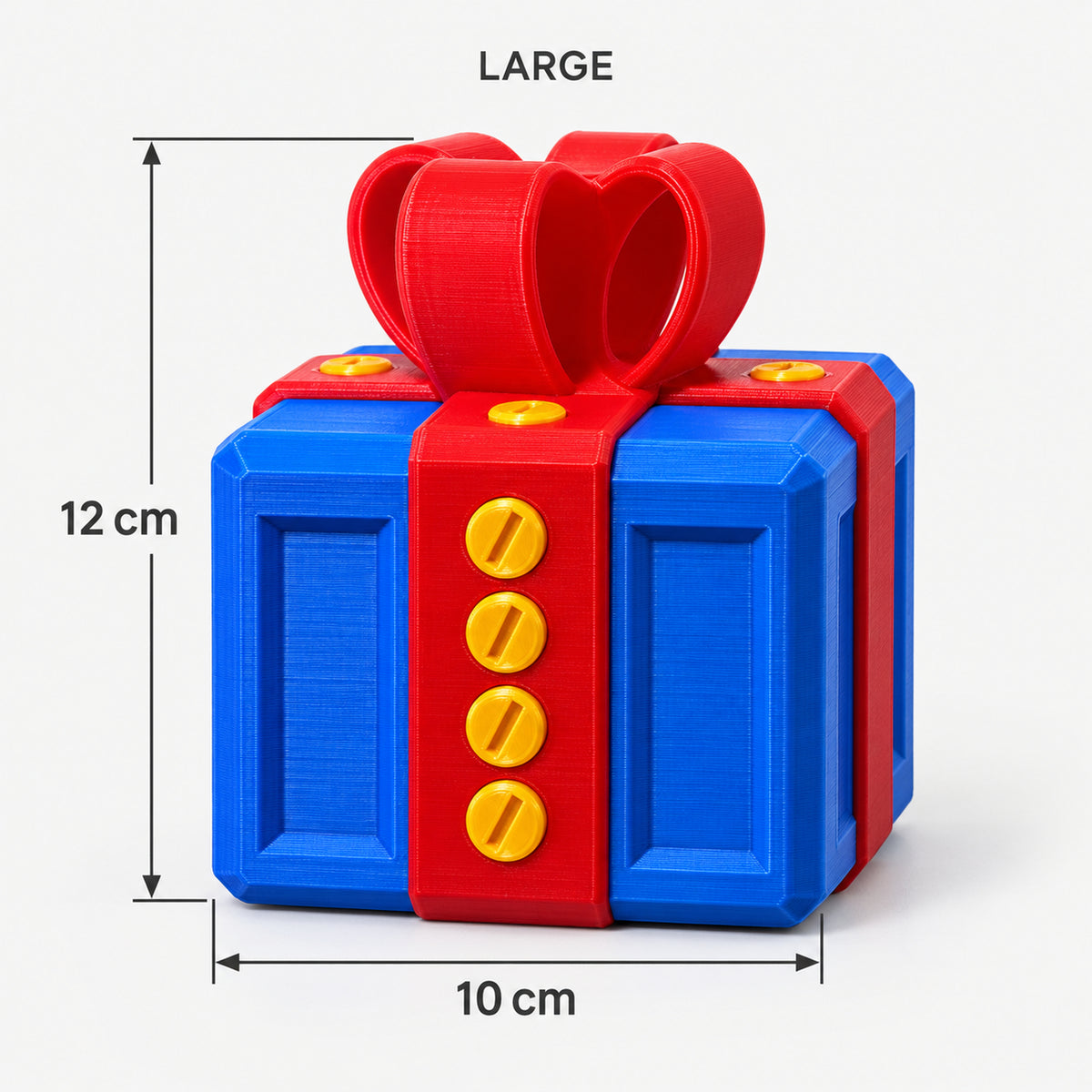Large blue & red prank gift box with screws and a bow, 10 x 12 cm
