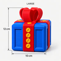Large blue & red prank gift box with screws and a bow, 10 x 12 cm