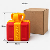 Large red & gold prank gift box next to its kraft box