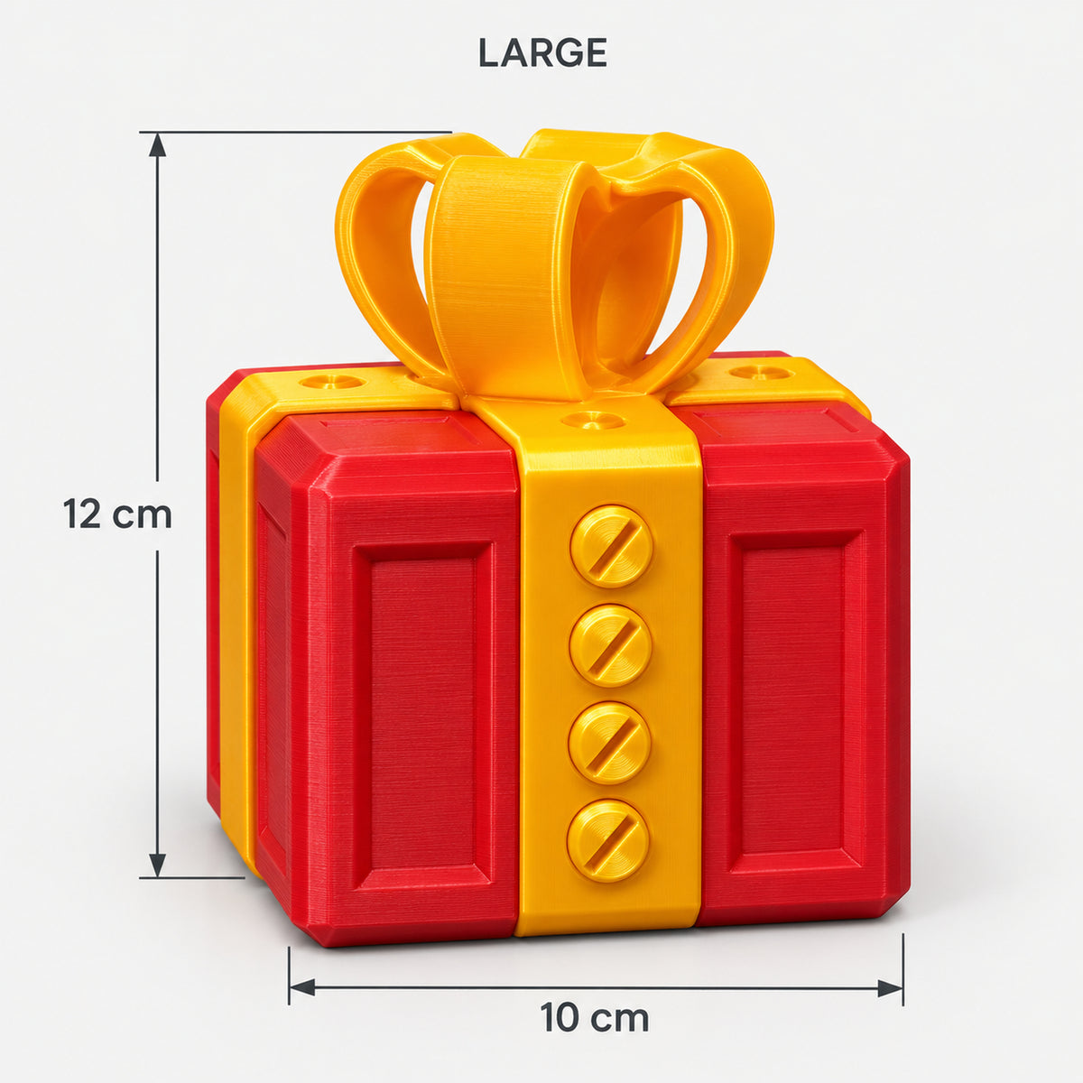 Large red & gold prank gift box with screws and a bow, 10 x 12 cm