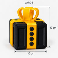 Large black & gold prank gift box with screws and a bow, 10 x 12 cm