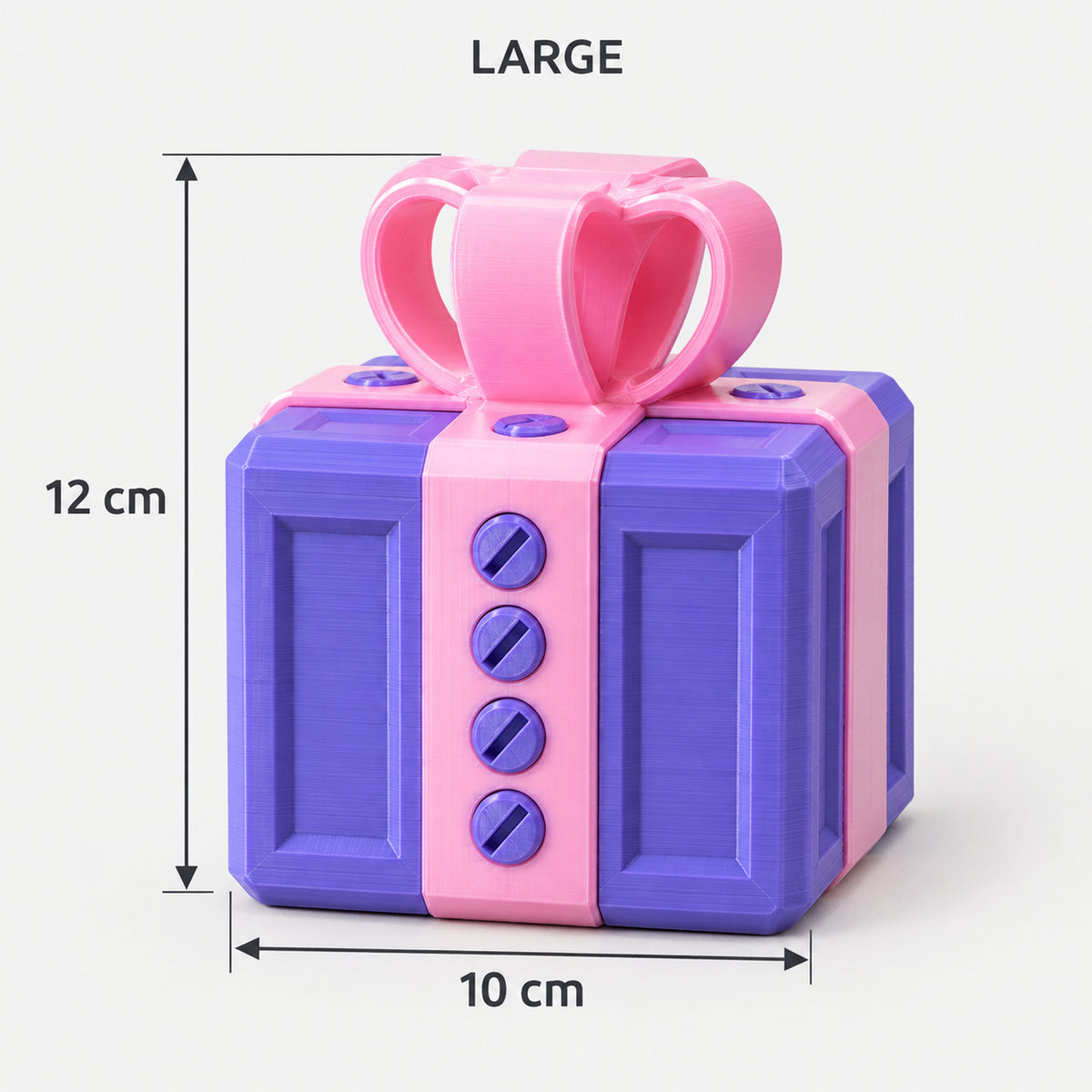 Large purple & pink prank gift box with screws and a bow, 10 x 12 cm