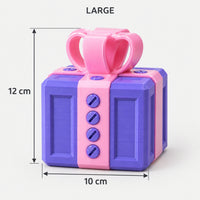 Large purple & pink prank gift box with screws and a bow, 10 x 12 cm