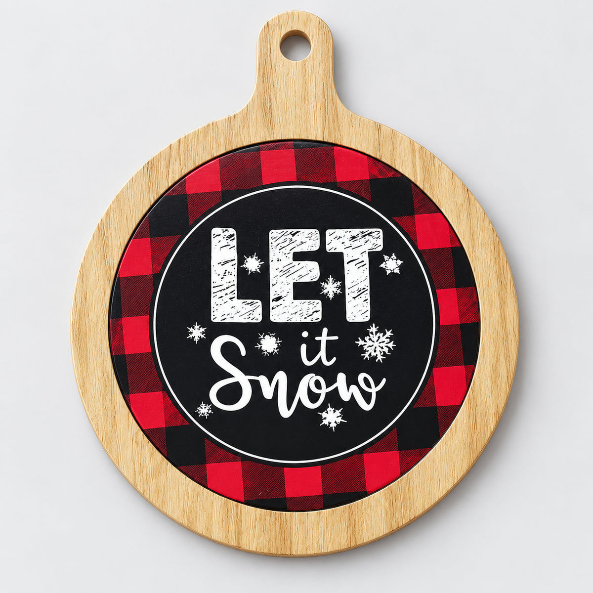 Red buffalo plaid Christmas coaster with a wood-look frame and Let It Snow