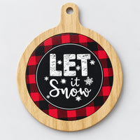 Red buffalo plaid Christmas coaster with a wood-look frame and Let It Snow