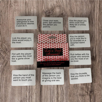 Let's Fool Around! action cards spread around the box