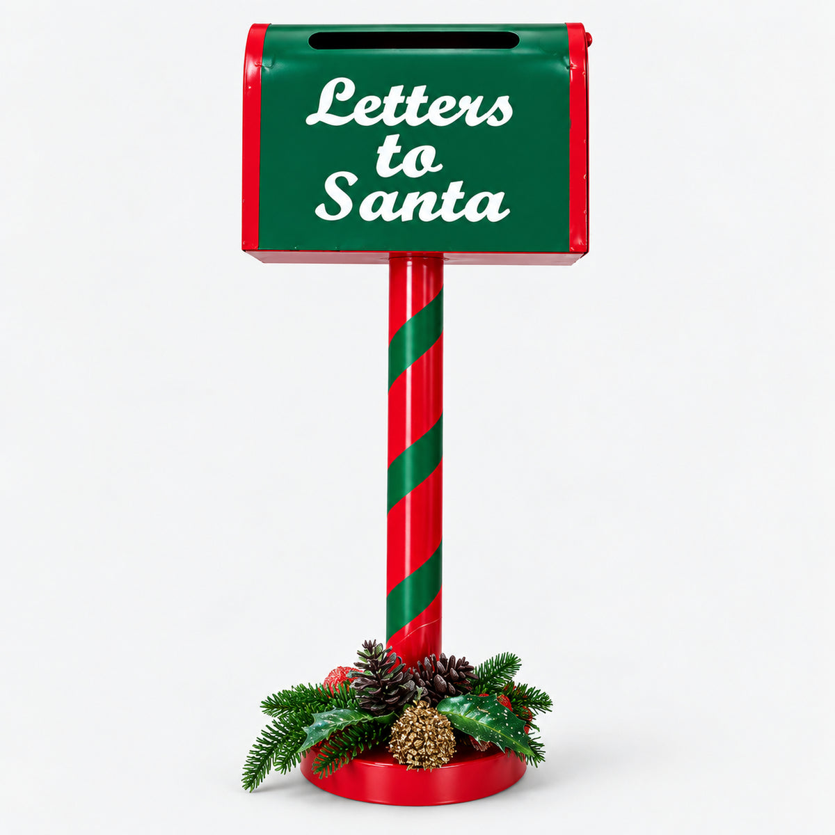 Letters to Santa Christmas mailbox on a red and green striped post with a pine base