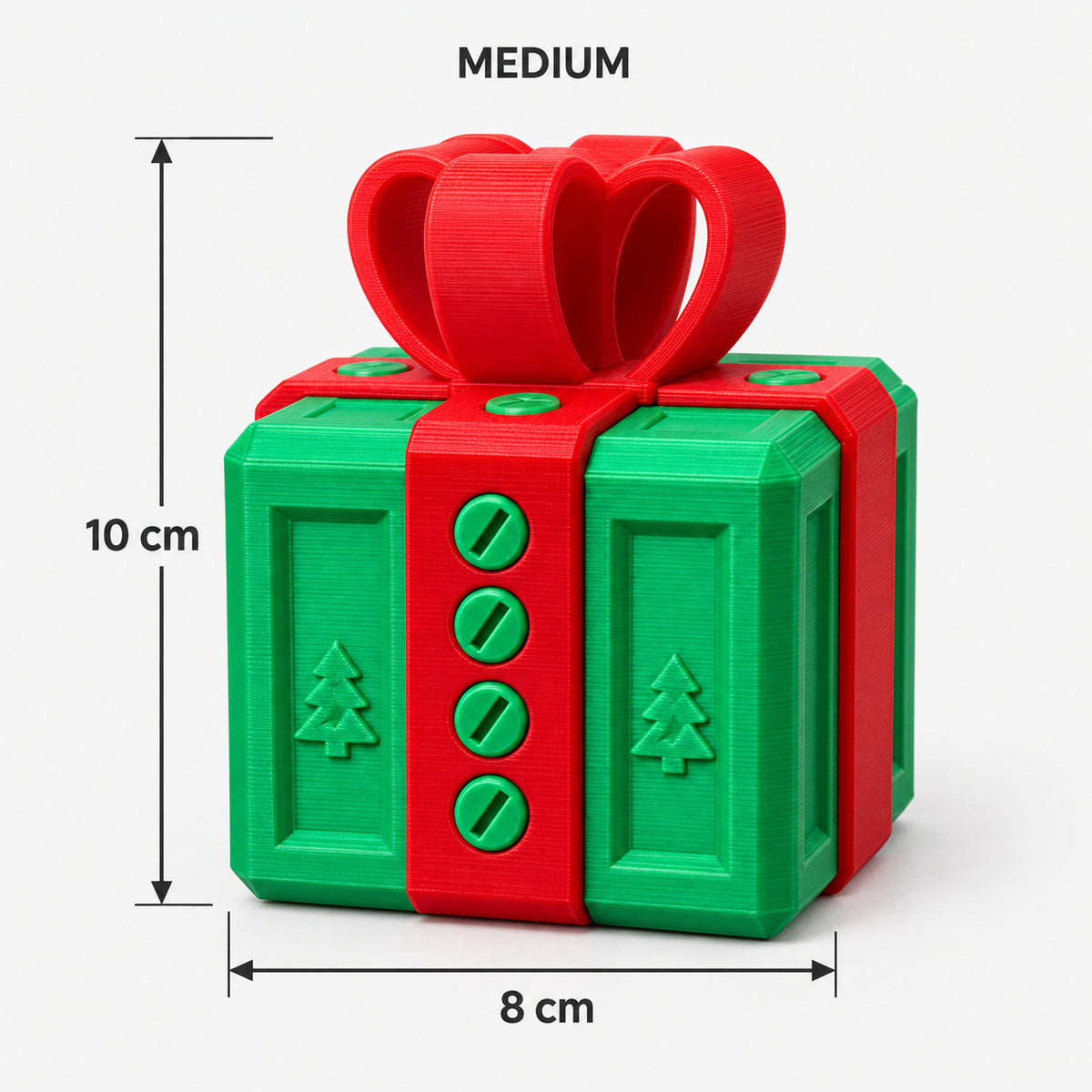 Medium green & red prank gift box with screws and a bow, 8 x 10 cm