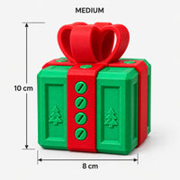 Medium green & red prank gift box with screws and a bow, 8 x 10 cm