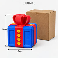 Medium blue & red prank gift box next to its kraft box