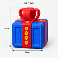 Medium blue & red prank gift box with screws and a bow, 8 x 10 cm