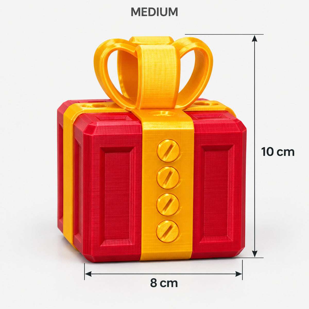 Medium red & gold prank gift box with screws and a bow, 8 x 10 cm