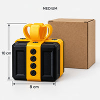Medium black & gold prank gift box next to its kraft box