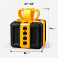 Medium black & gold prank gift box with screws and a bow, 8 x 10 cm