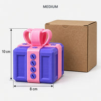 Medium purple & pink prank gift box next to its kraft box