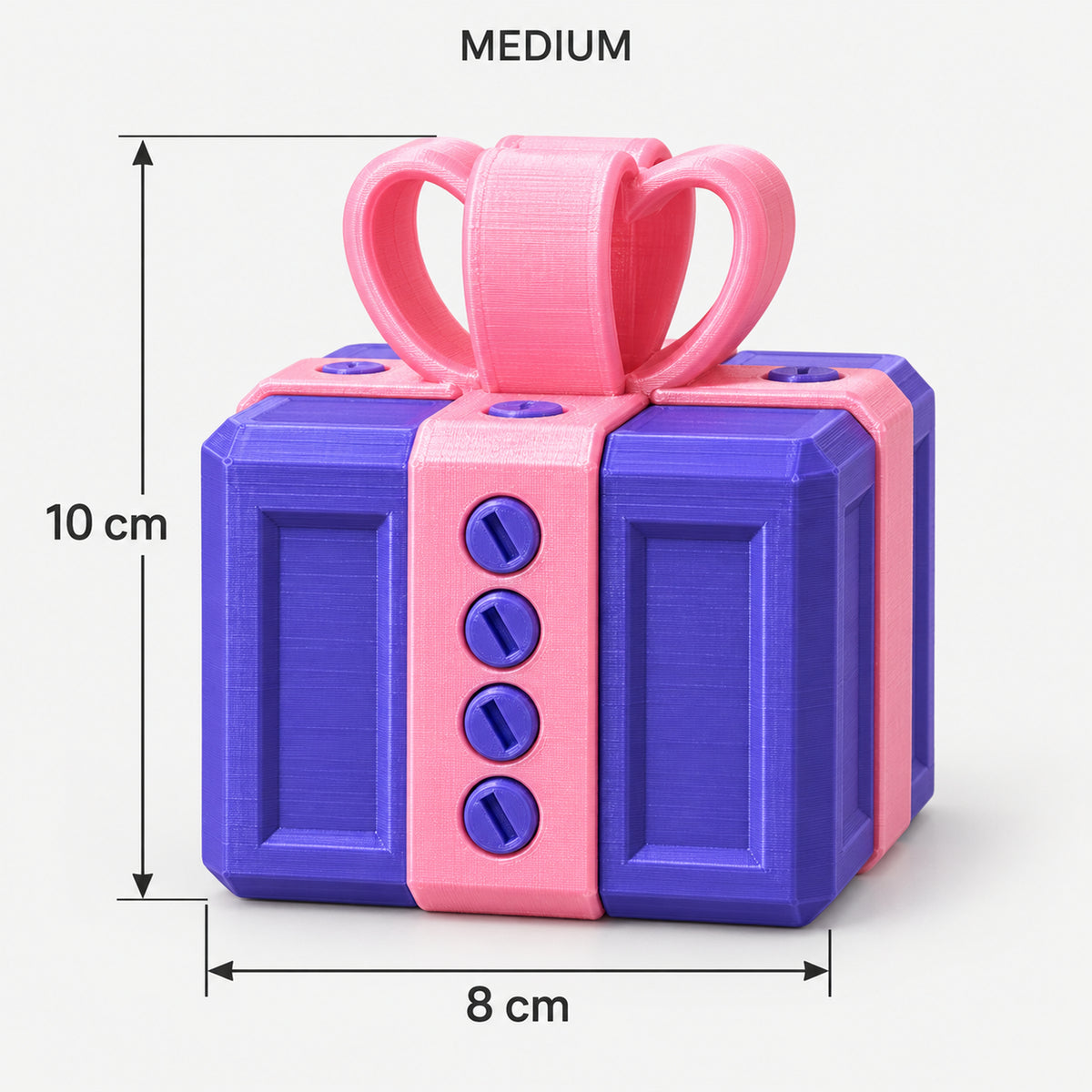 Medium purple & pink prank gift box with screws and a bow, 8 x 10 cm