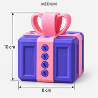 Medium purple & pink prank gift box with screws and a bow, 8 x 10 cm
