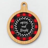 Red buffalo plaid Christmas coaster with a wood-look frame and Merry and Bright