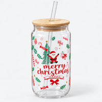 Merry Christmas glass can cup with Santa, a tree, a wood-look lid and a straw