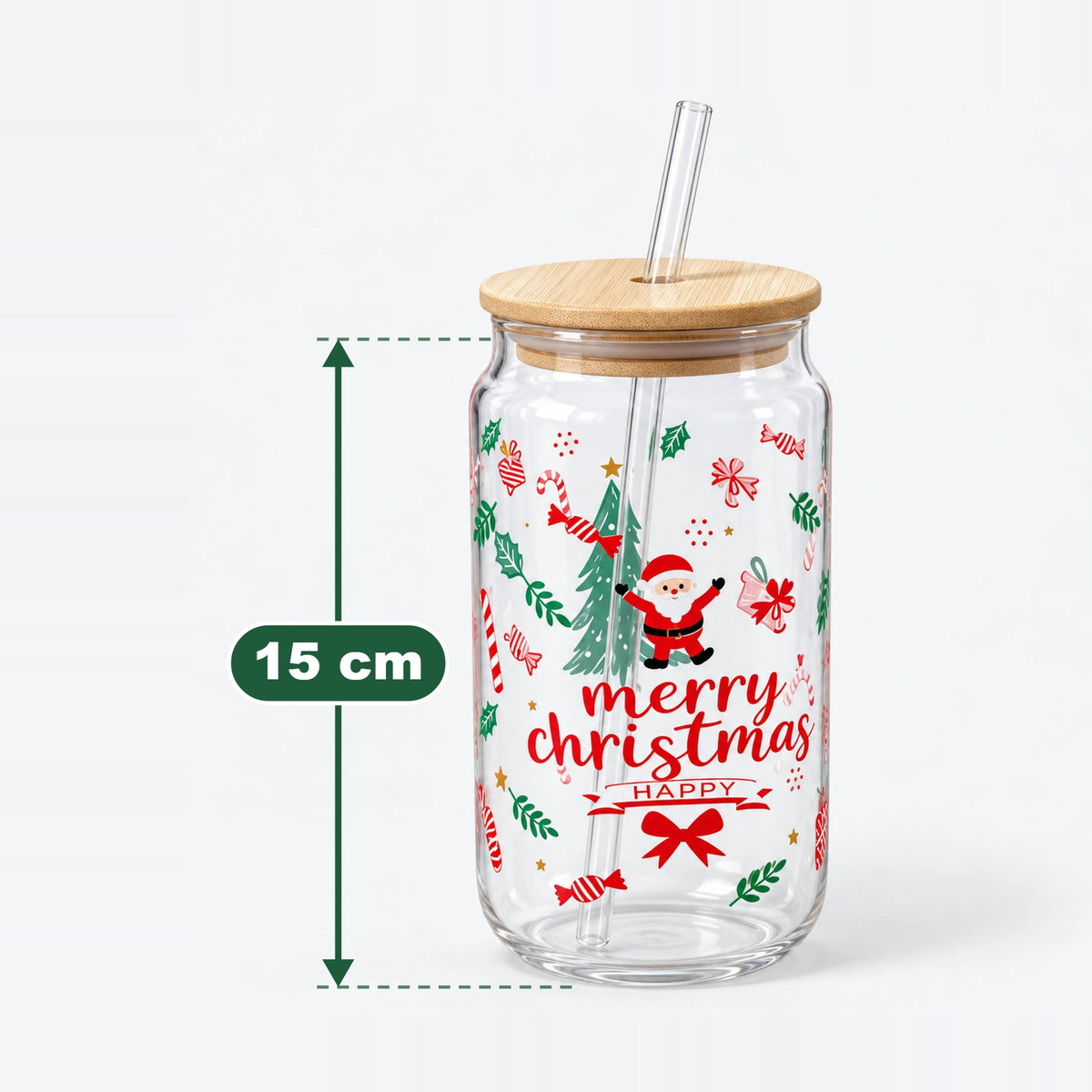 Merry Christmas glass cup measuring 15 cm high without the lid