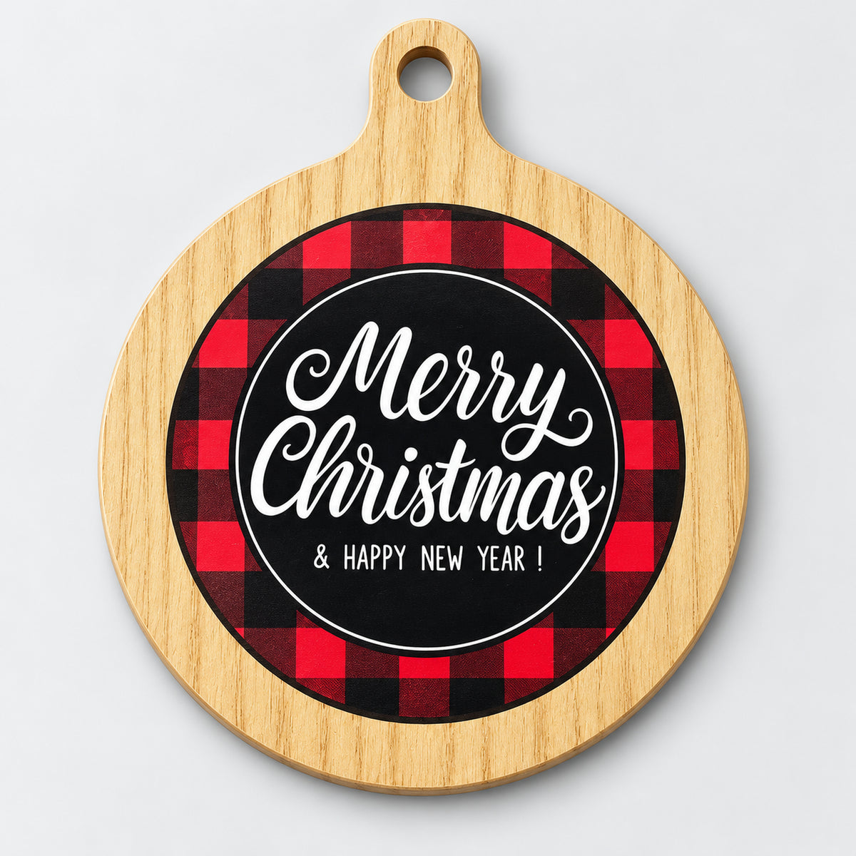 Red buffalo plaid Christmas coaster with a wood-look frame and Merry Christmas and Happy New Year