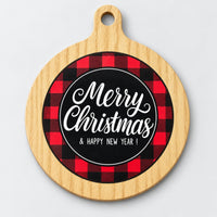 Red buffalo plaid Christmas coaster with a wood-look frame and Merry Christmas and Happy New Year
