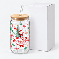 Merry Christmas glass cup with lid and straw next to its white box