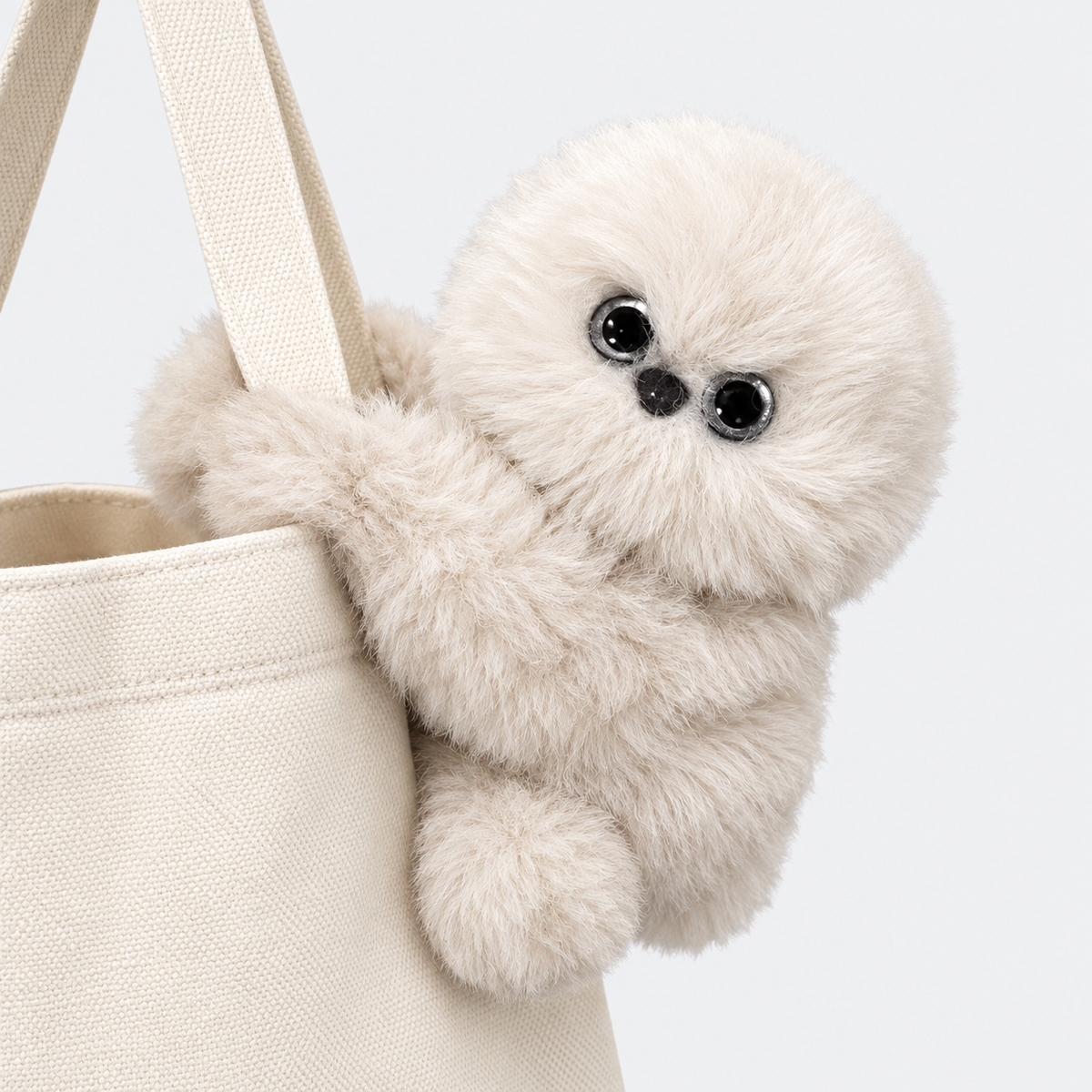 Beige plush bag charm hugging a tote bag strap