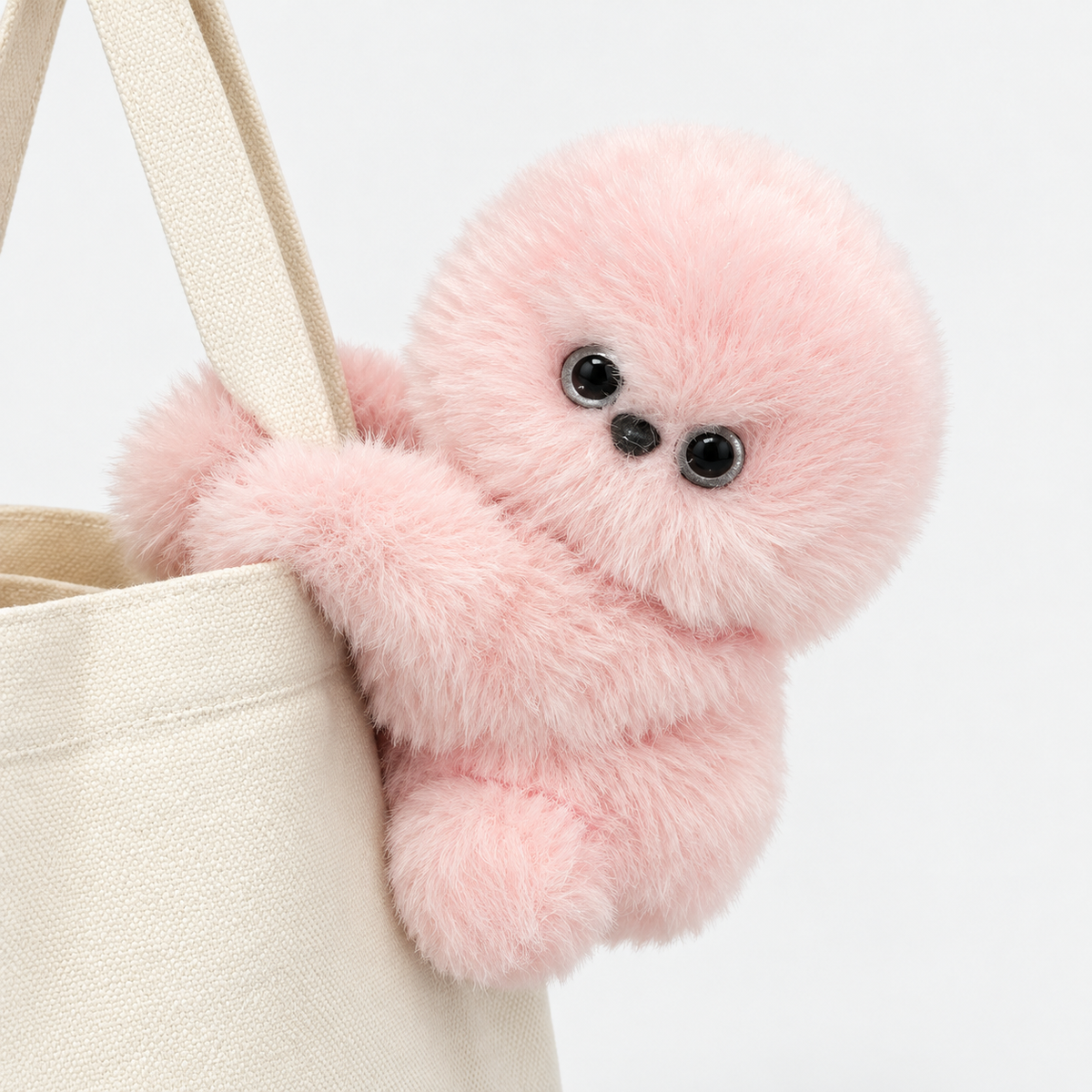 Pink plush bag charm hugging a bag strap