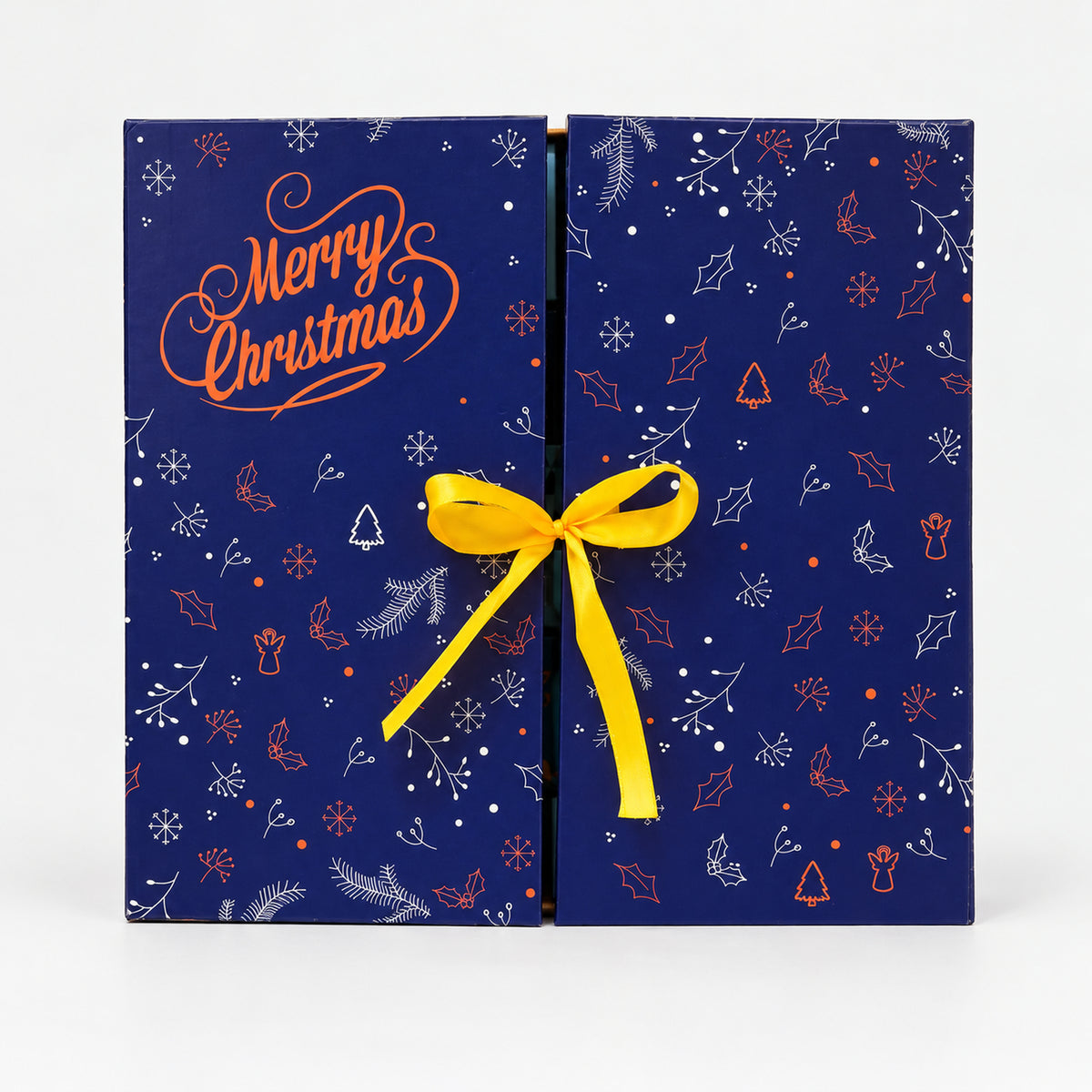 Navy Christmas advent calendar gift box with a yellow ribbon