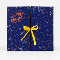 Navy Christmas advent calendar gift box with a yellow ribbon