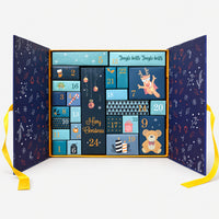 Navy Christmas advent calendar gift box open with 24 numbered compartments