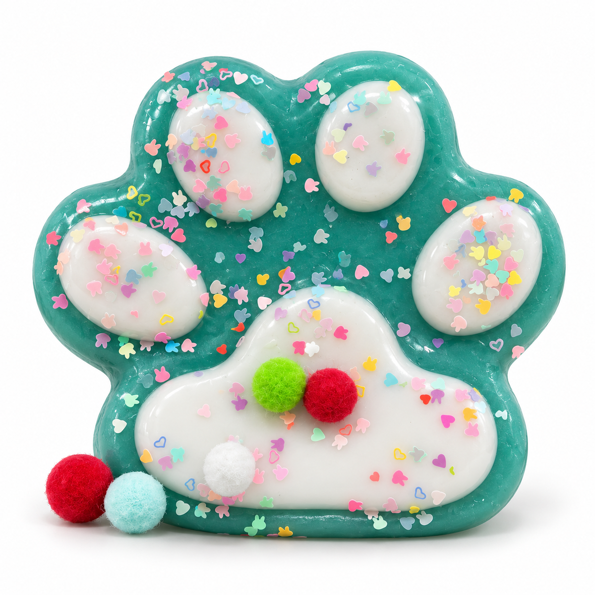 Big teal cat paw squishy with sprinkles and pompoms
