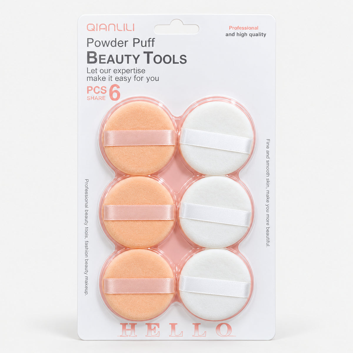 Peach and white powder puff set of 6 with ribbons on a blister card