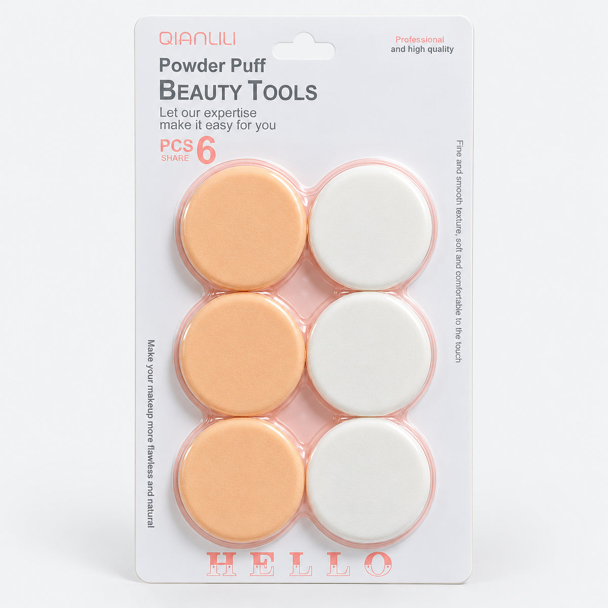 Peach and white smooth powder puff set of 6 on a blister card