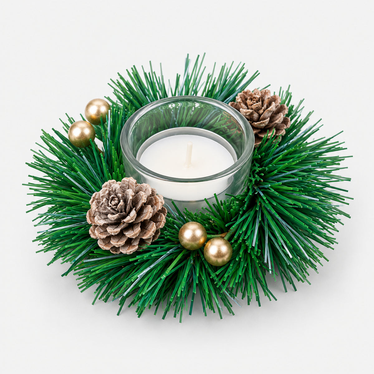 Pine wreath tealight candle holder with pine cones, gold balls and a glass cup
