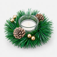 Pine wreath tealight candle holder with pine cones, gold balls and a glass cup