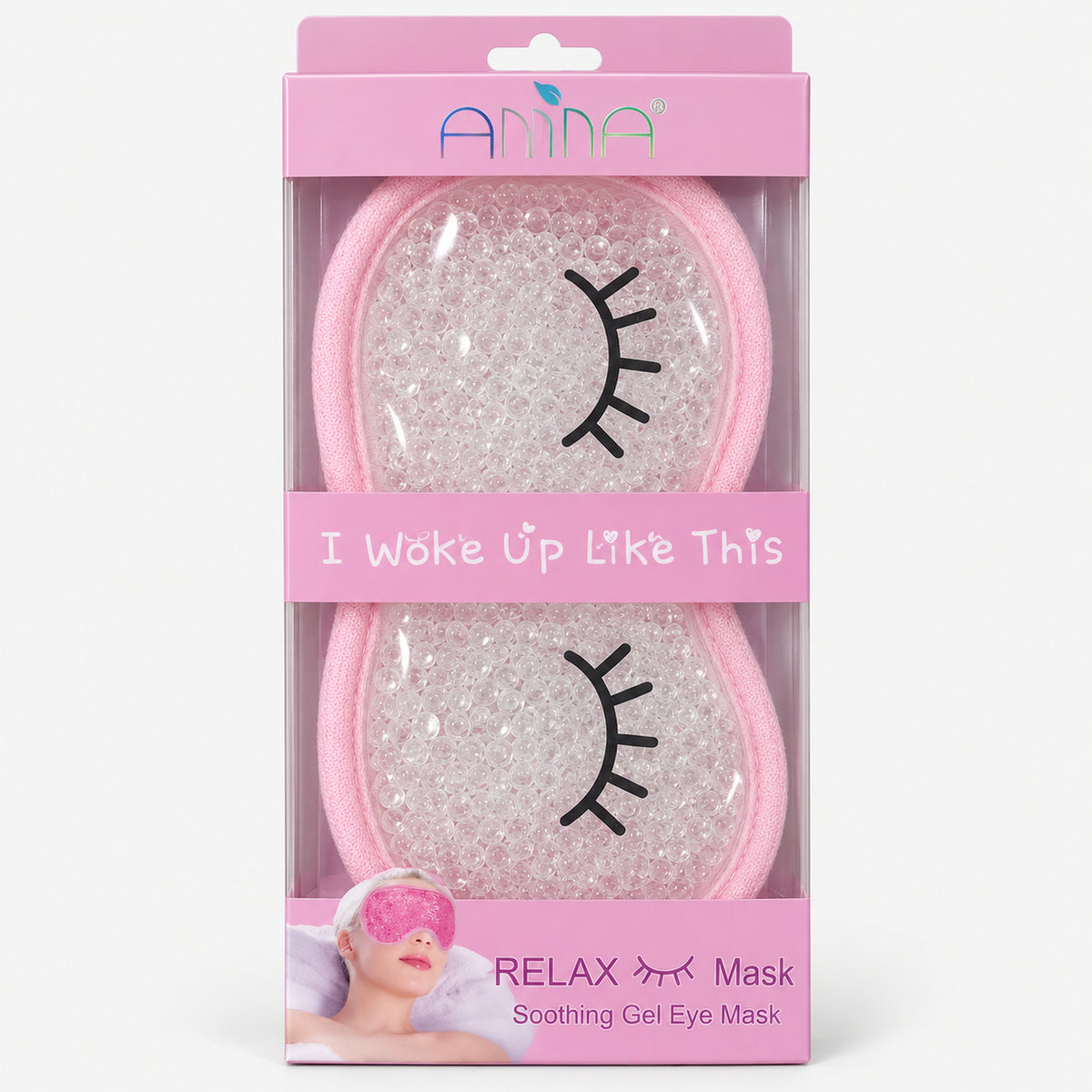 Pink gel eye mask in its window box