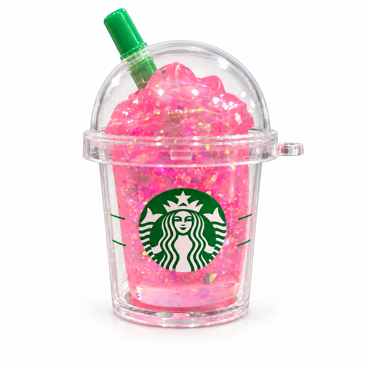 Pink glitter coffee cup squishy in a clear keychain case