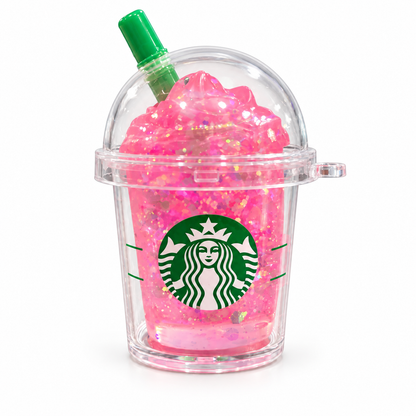 Pink glitter coffee cup squishy in a clear keychain case