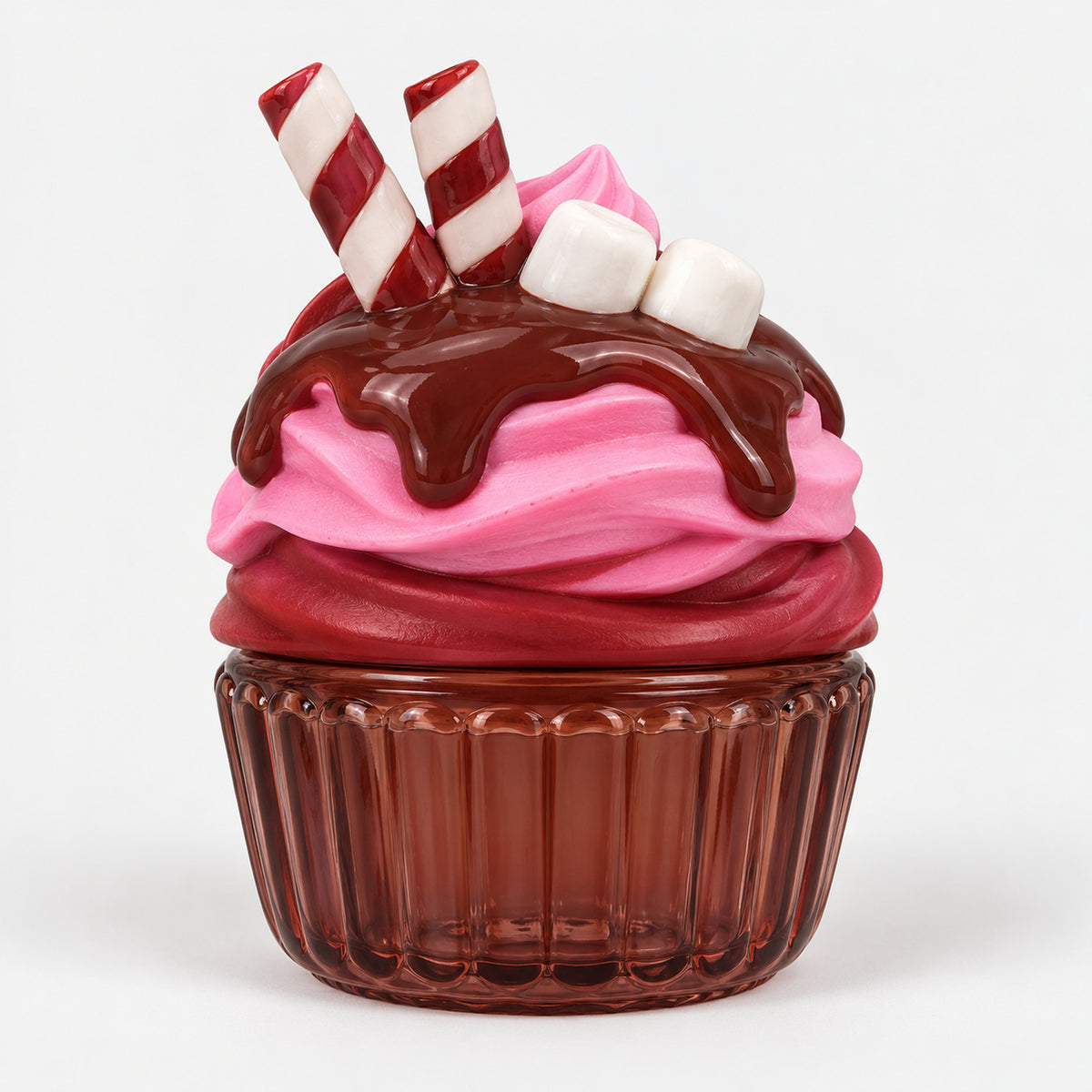 Pink wafer cupcake perfume with chocolate drip, wafer rolls and marshmallows