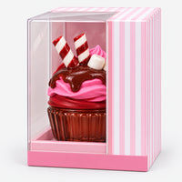 Pink wafer cupcake perfume in its pink striped gift box