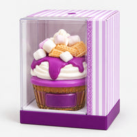 Purple marshmallow cupcake perfume in its purple striped gift box