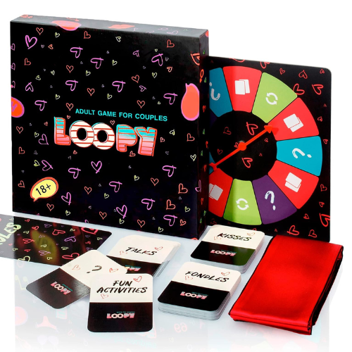 LOOPY adult game for couples with spinner board, card decks and red satin blindfold